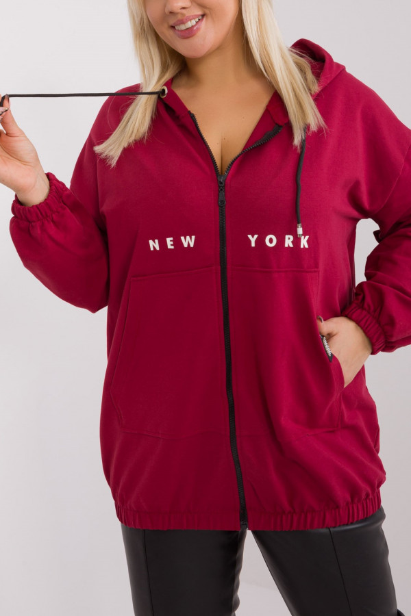 Bluza damska plus size w kolorze bordowym zamek kaptur New York