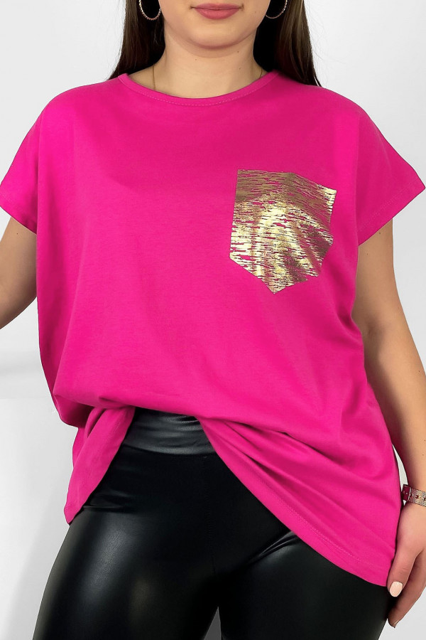 Nietoperz T-shirt damski plus size w kolorze fuksji print złota kieszonka