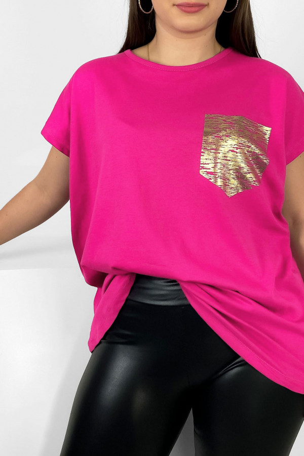 Nietoperz T-shirt damski plus size w kolorze fuksji print złota kieszonka 1