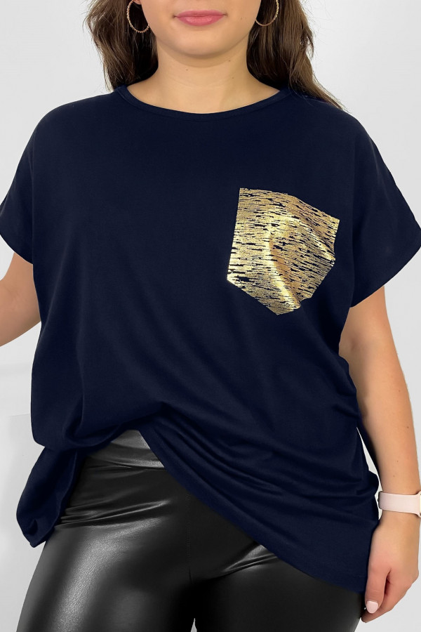 Nietoperz T-shirt damski plus size w kolorze granatowym print złota kieszonka