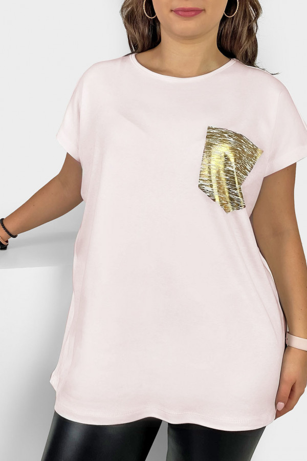 Nietoperz T-shirt damski plus size w kolorze baby pink print złota kieszonka 2