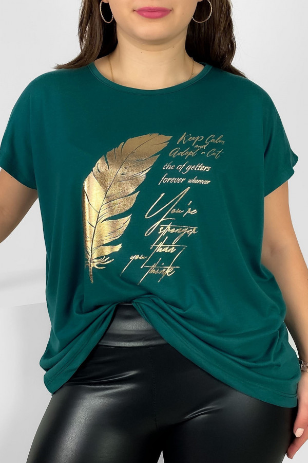 Nietoperz T-shirt damski plus size w kolorze morskim gold print piórko 2
