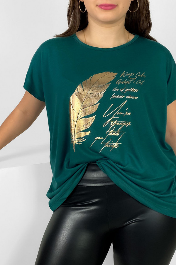 Nietoperz T-shirt damski plus size w kolorze morskim gold print piórko 1