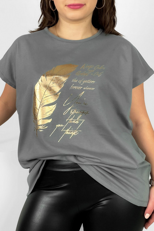 Nietoperz T-shirt damski plus size W DRUGIM GATUNKU w kolorze stalowy szary gold print piórko