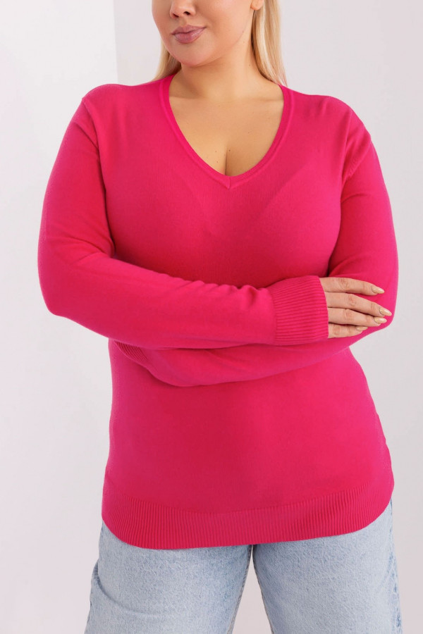 Milutki sweterek bluzka damska plus size w kolorze fuksji dekolt V Isma