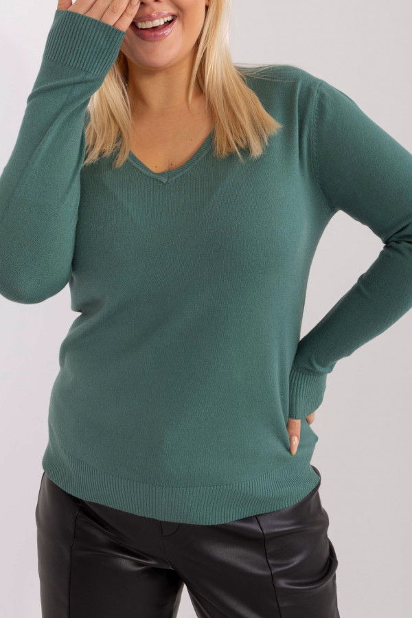 Milutki sweterek bluzka damska plus size w kolorze zielonym dekolt V Isma