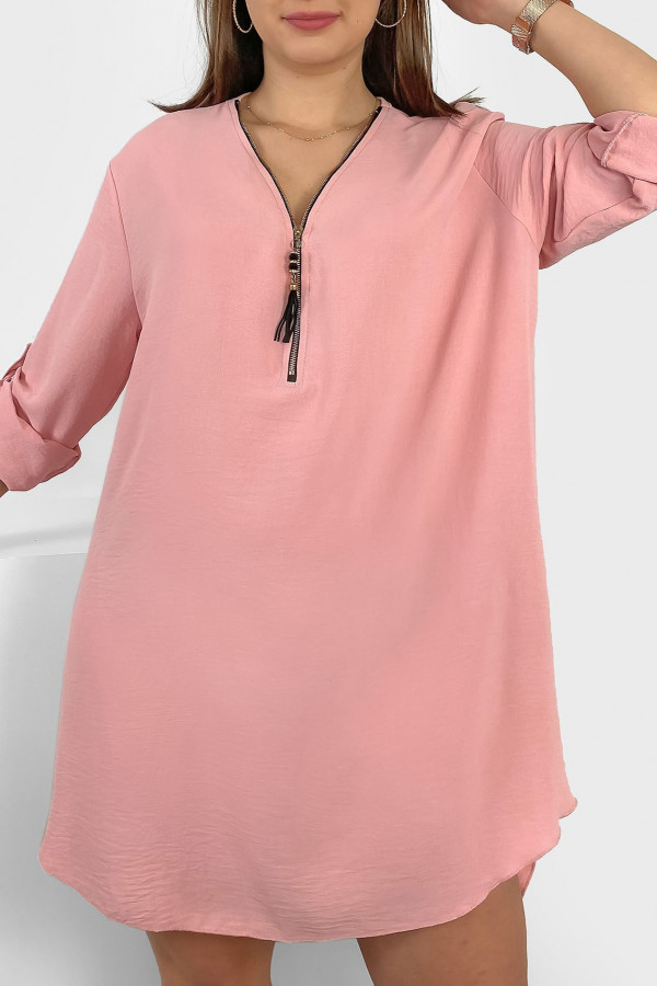 Koszula tunika w kolorze pudrowym sukienka dłuższy tył dekolt zamek ZIP PERFECT