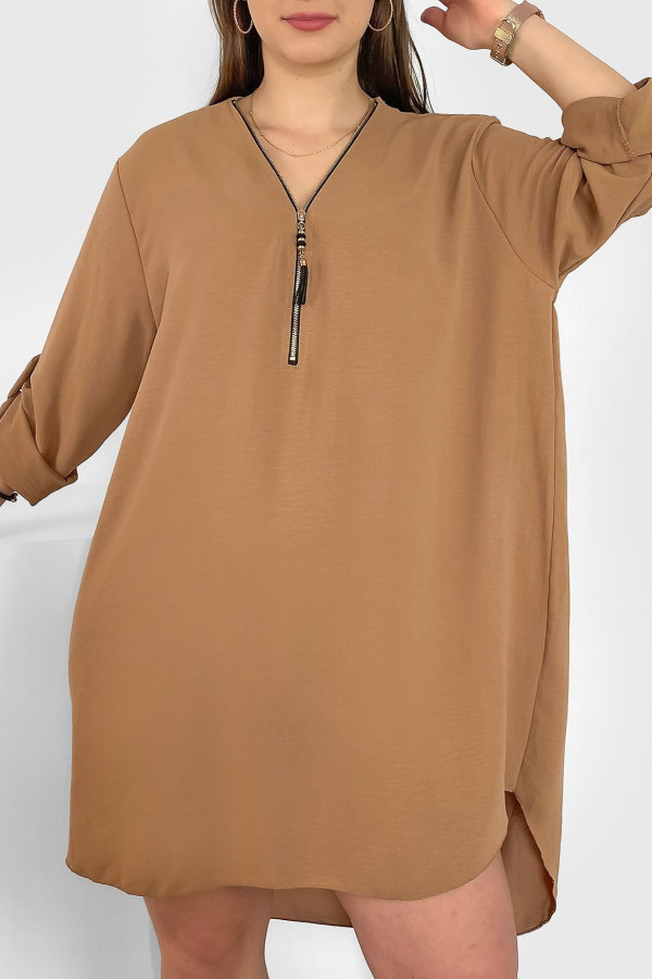 Koszula tunika w kolorze beżowym latte sukienka dłuższy tył dekolt zamek ZIP PERFECT