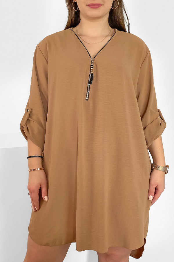 Koszula tunika w kolorze beżowym latte sukienka dłuższy tył dekolt zamek ZIP PERFECT 3