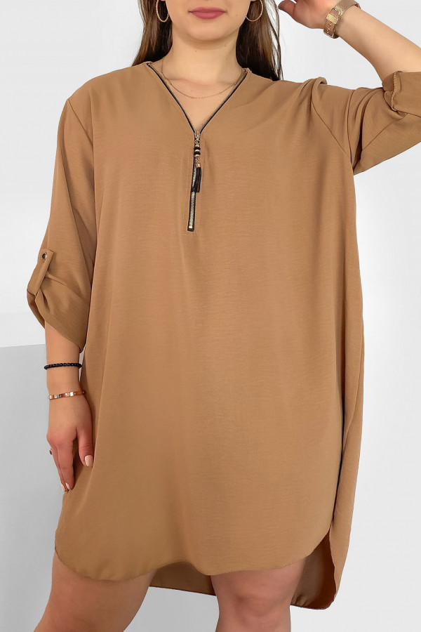 Koszula tunika w kolorze beżowym latte sukienka dłuższy tył dekolt zamek ZIP PERFECT 2