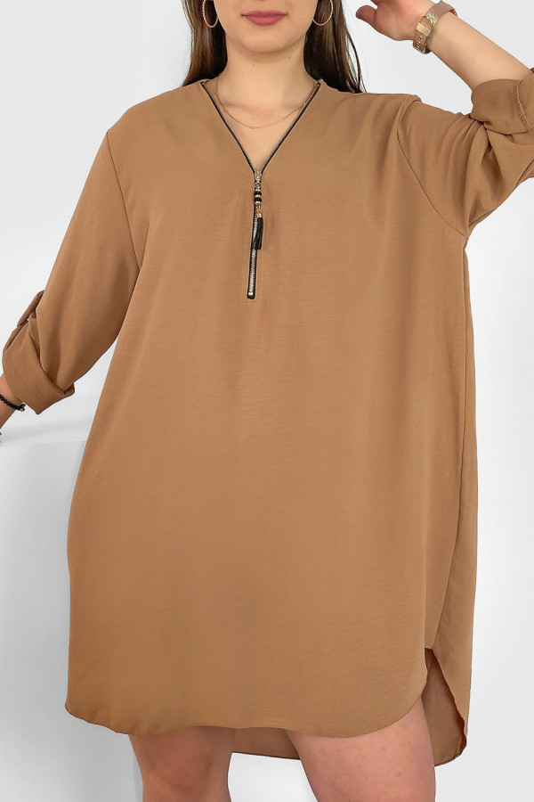 Koszula tunika w kolorze beżowym latte sukienka dłuższy tył dekolt zamek ZIP PERFECT 1