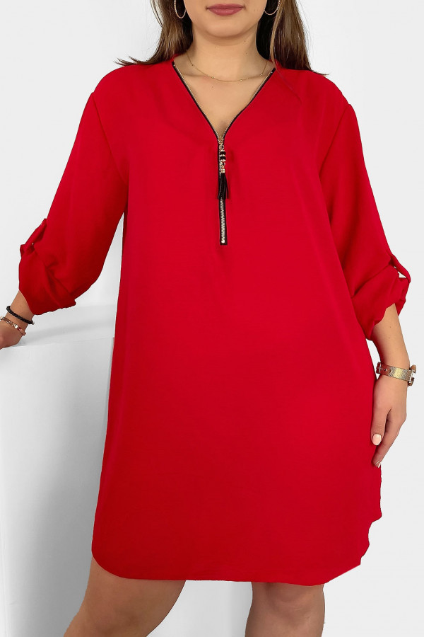 Koszula tunika w kolorze czerwonym sukienka dłuższy tył dekolt zamek ZIP PERFECT