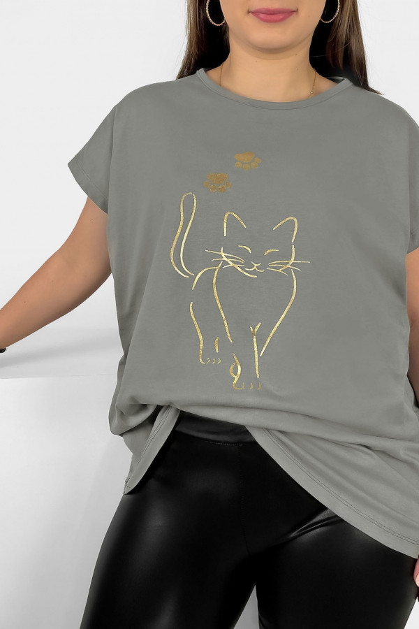 Nietoperz T-shirt damski plus size w kolorze stalowy szary złoty kot cat 1
