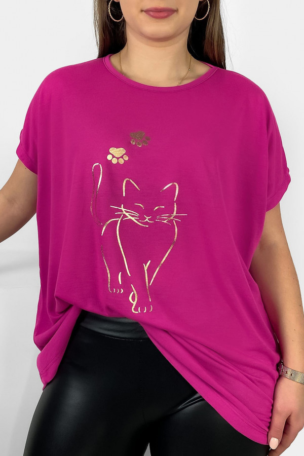 Nietoperz T-shirt damski plus size w kolorze magenta złoty kot cat