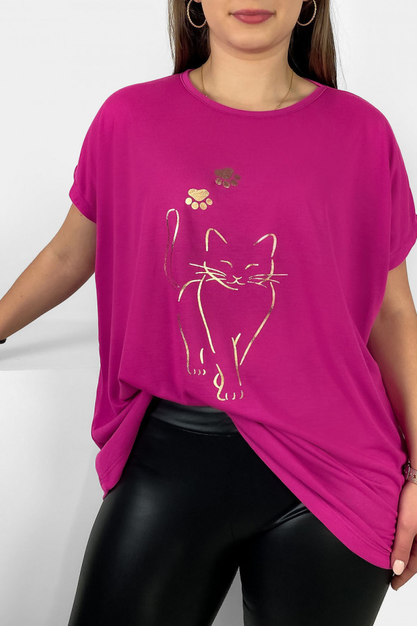 Nietoperz T-shirt damski plus size w kolorze magenta złoty kot cat 1