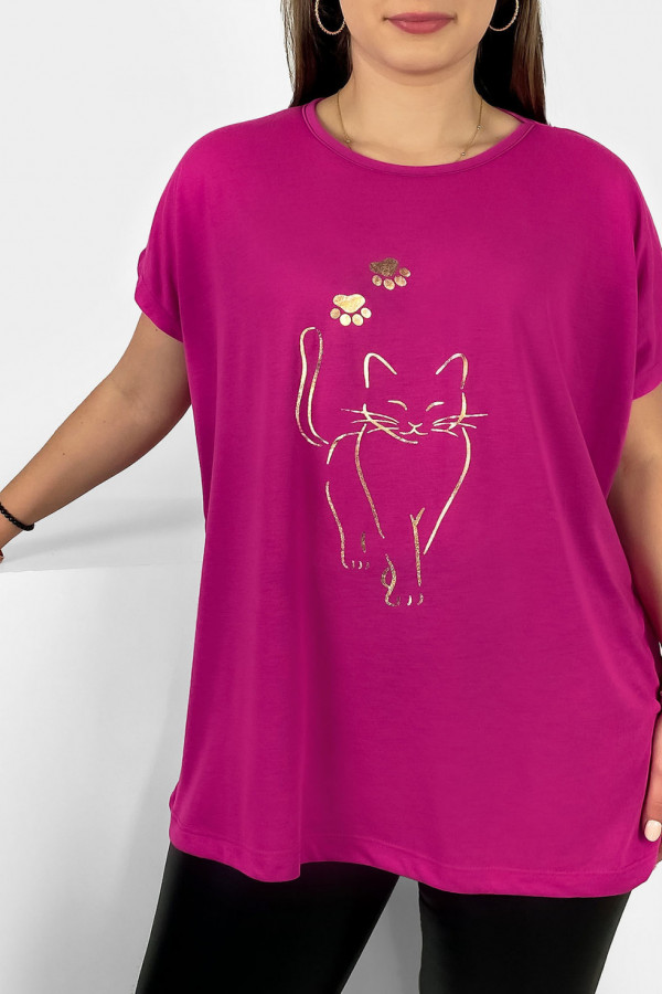 Nietoperz T-shirt damski plus size w kolorze magenta złoty kot cat 2
