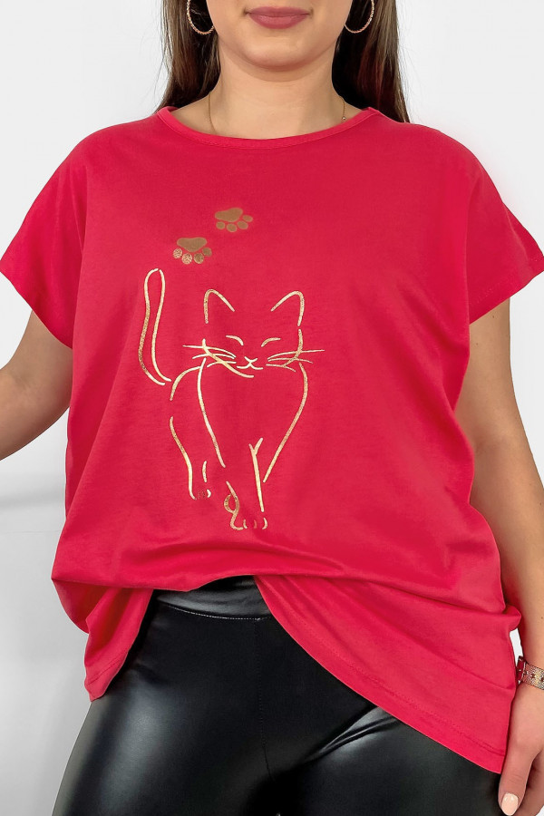 Nietoperz T-shirt damski plus size w kolorze koralowym złoty kot cat