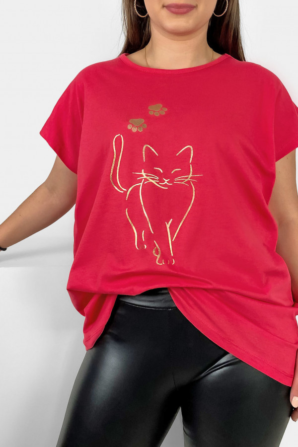 Nietoperz T-shirt damski plus size w kolorze koralowym złoty kot cat 1