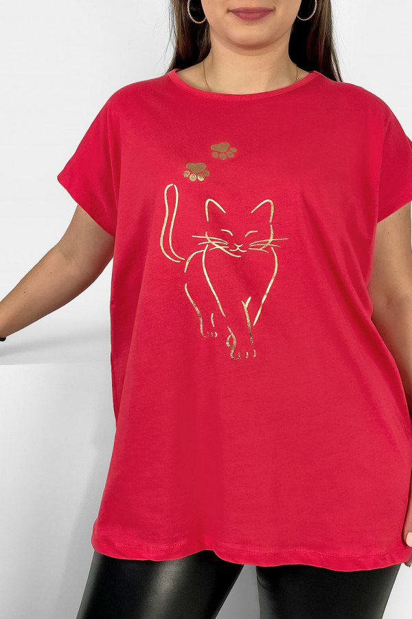 Nietoperz T-shirt damski plus size w kolorze koralowym złoty kot cat 2