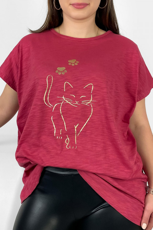 Nietoperz T-shirt damski plus size w kolorze truskawkowym złoty kot cat