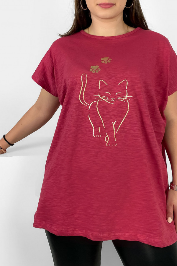 Nietoperz T-shirt damski plus size w kolorze truskawkowym złoty kot cat 2