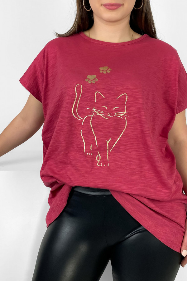Nietoperz T-shirt damski plus size w kolorze truskawkowym złoty kot cat 1