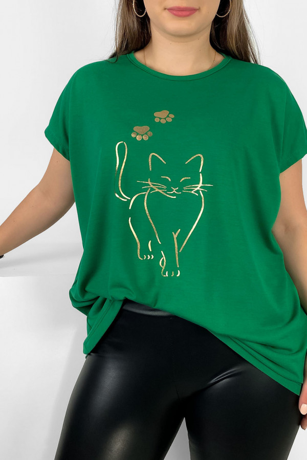 Nietoperz T-shirt damski plus size w kolorze zielonym złoty kot cat 1