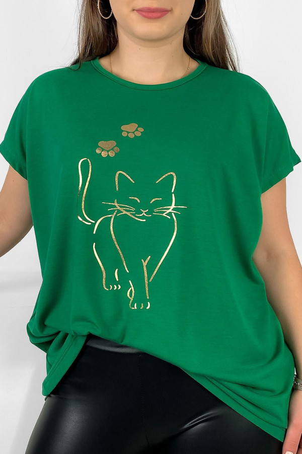 Nietoperz T-shirt damski plus size W DRUGIM GATUNKU w kolorze zielonym złoty kot cat