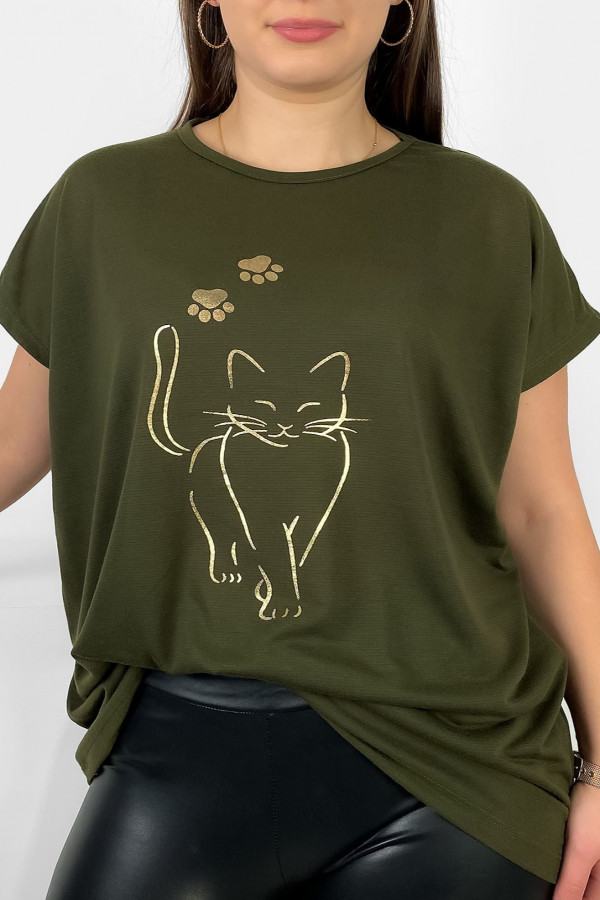 Nietoperz T-shirt damski plus size w kolorze dark khaki złoty kot cat