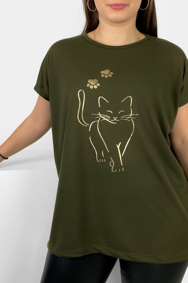 Nietoperz T-shirt damski plus size w kolorze dark khaki złoty kot cat 2