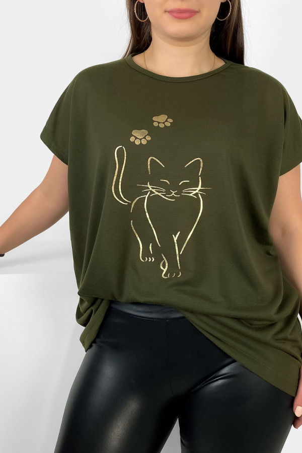 Nietoperz T-shirt damski plus size w kolorze dark khaki złoty kot cat 1