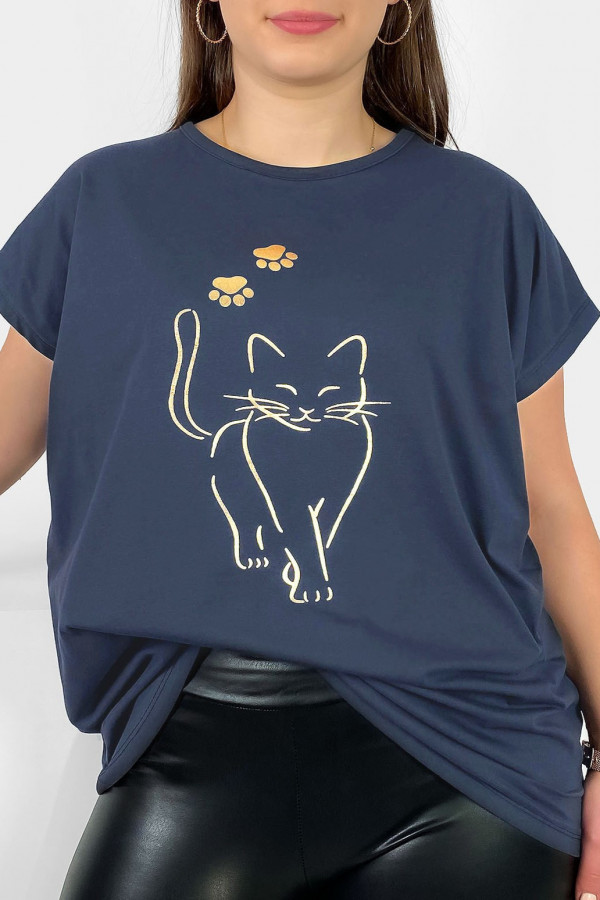 Nietoperz T-shirt damski plus size w kolorze grafitowego granatu złoty kot cat