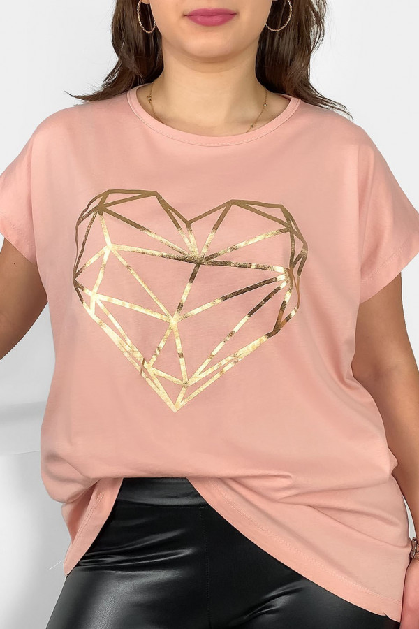 Nietoperz T-shirt damski plus size w kolorze łososiowym geometryczne serce