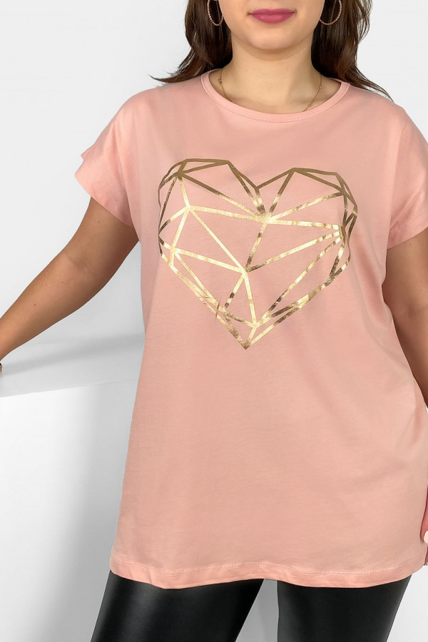 Nietoperz T-shirt damski plus size w kolorze łososiowym geometryczne serce 2
