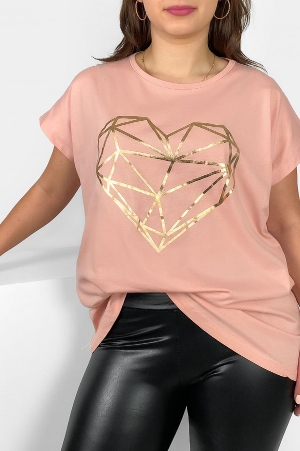 Nietoperz T-shirt damski plus size w kolorze łososiowym geometryczne serce 1