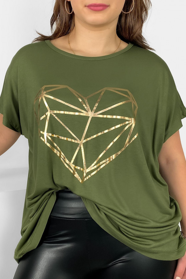 Nietoperz T-shirt damski plus size w kolorze oliwkowym geometryczne serce