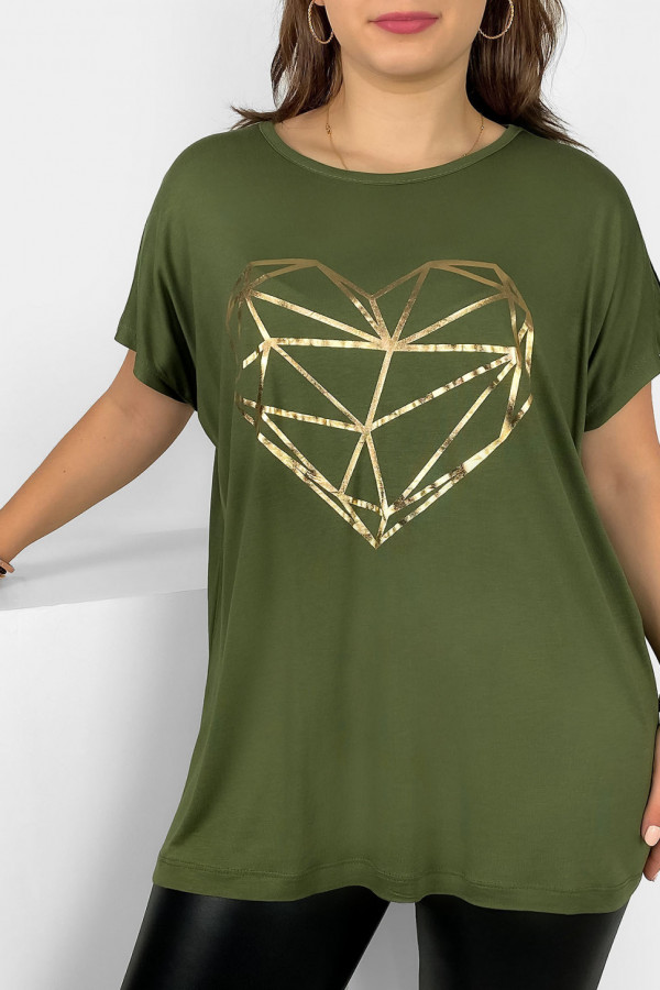 Nietoperz T-shirt damski plus size w kolorze oliwkowym geometryczne serce 2