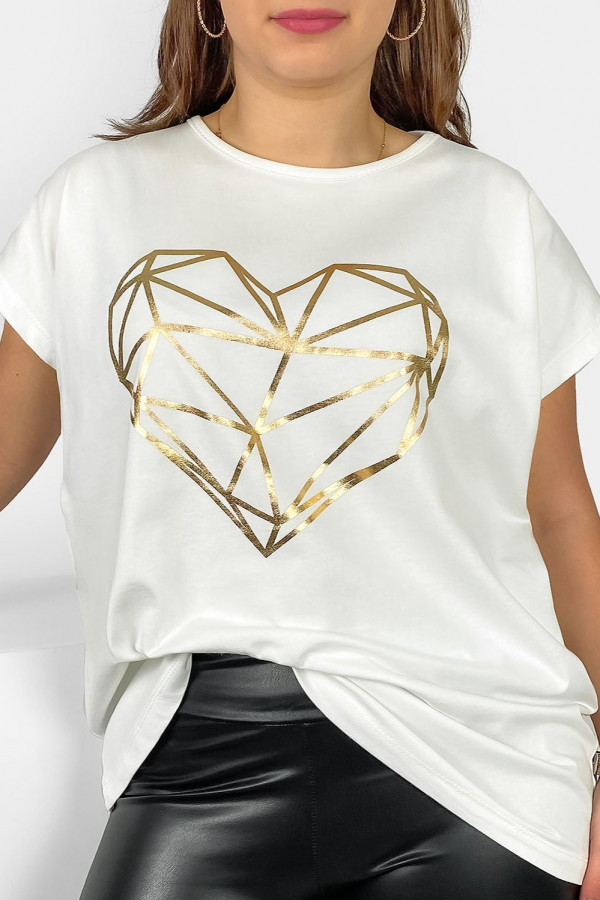 Nietoperz T-shirt damski plus size w kolorze ecru geometryczne serce