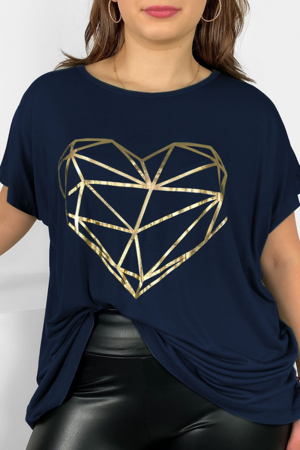Nietoperz T-shirt damski plus size w kolorze granatowym geometryczne serce