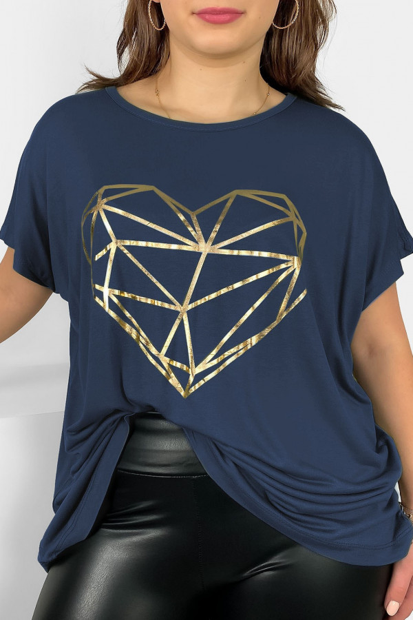 Nietoperz T-shirt damski plus size w kolorze grafitowego granatu geometryczne serce