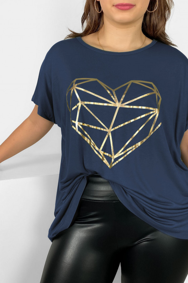 Nietoperz T-shirt damski plus size w kolorze grafitowego granatu geometryczne serce 1