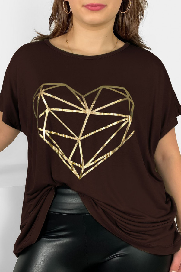 Nietoperz T-shirt damski plus size w kolorze gorzkiej czekolady geometryczne serce 2