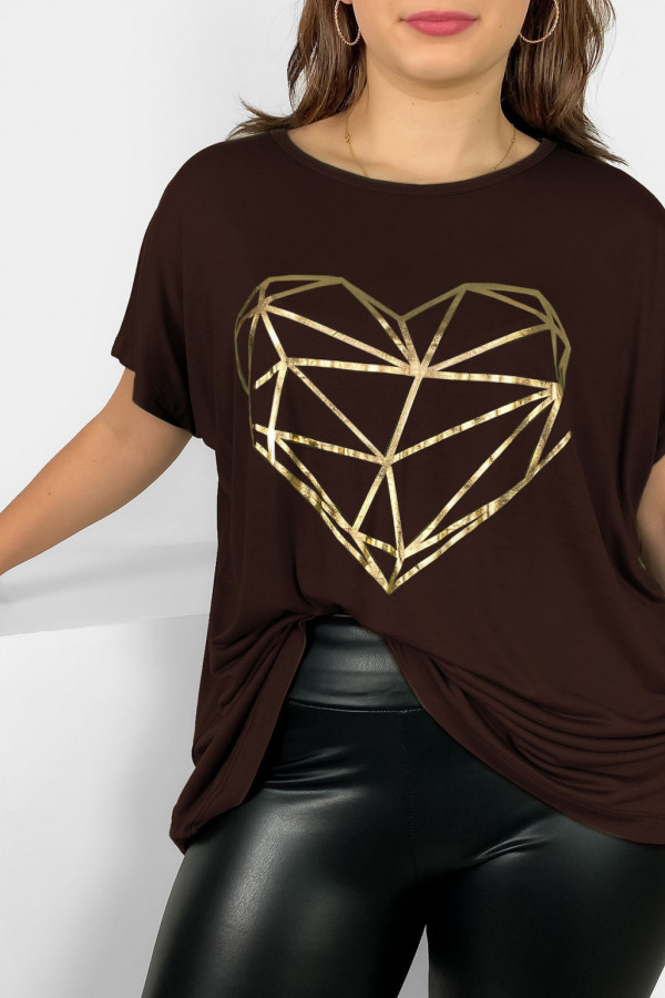 Nietoperz T-shirt damski plus size w kolorze gorzkiej czekolady geometryczne serce 1