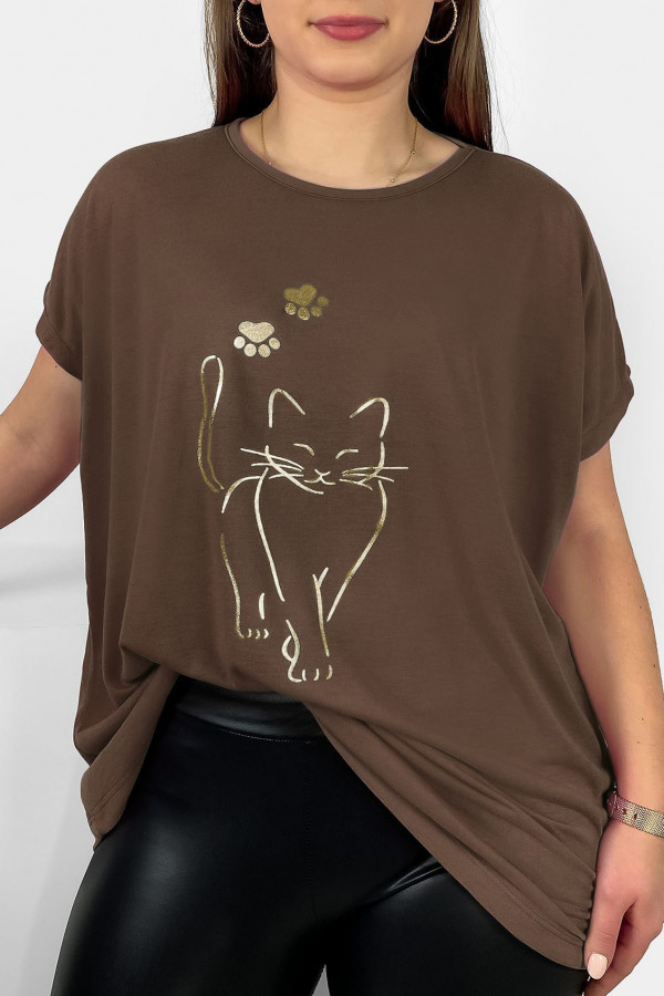 Nietoperz T-shirt damski plus size W DRUGIM GATUNKU w kolorze brązowym złoty kot cat