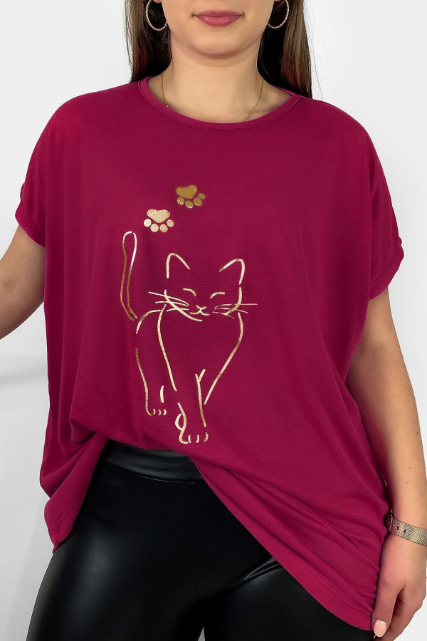 Nietoperz T-shirt damski plus size W DRUGIM GATUNKU w kolorze rubinowym złoty kot cat