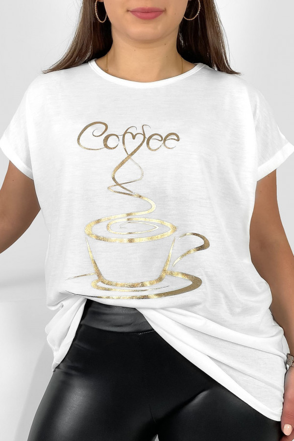 Nietoperz T-shirt damski plus size w kolorze białym złoty print coffee cup