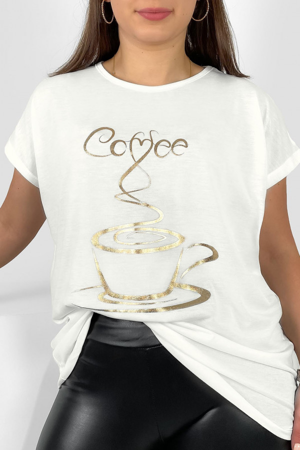 Nietoperz T-shirt damski plus size w kolorze ecru złoty print coffee cup
