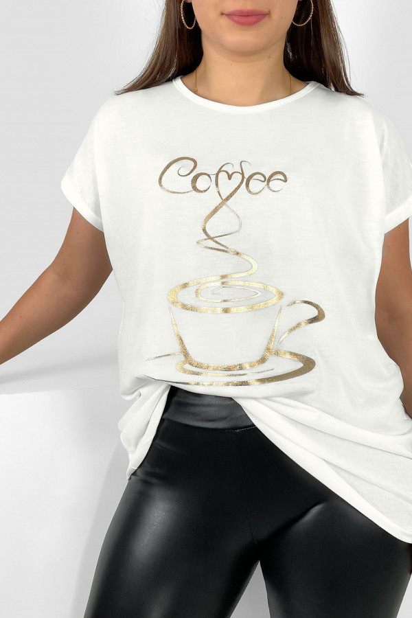Nietoperz T-shirt damski plus size w kolorze ecru złoty print coffee cup 1