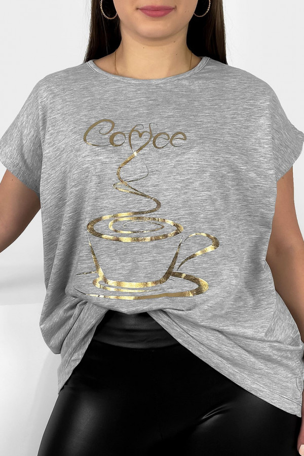 Nietoperz T-shirt damski plus size w kolorze szary melanż złoty print coffee cup