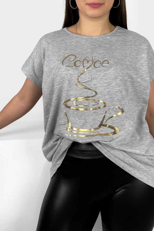 Nietoperz T-shirt damski plus size w kolorze szary melanż złoty print coffee cup 1